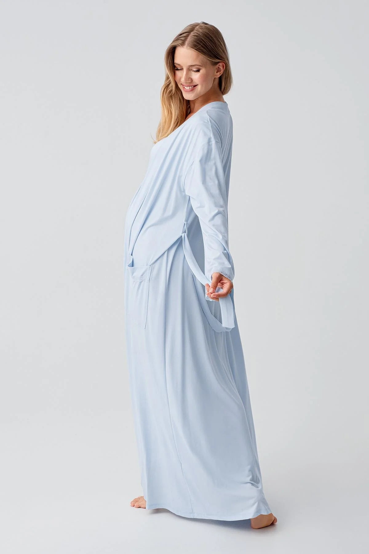Lace Sleeve and Collar Maternity-Nursing Nightgown & Robe Set Blue - 18402