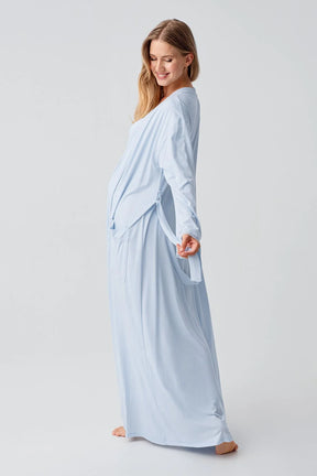 Lace Sleeve and Collar Maternity-Nursing Nightgown & Robe Set Blue - 18402