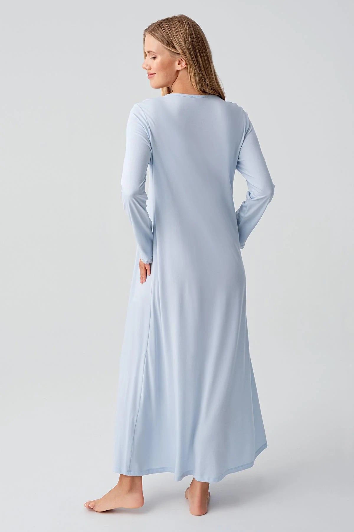 Lace Sleeve and Collar Maternity-Nursing Nightgown & Robe Set Blue - 18402