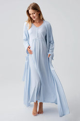 Lace Sleeve and Collar Maternity-Nursing Nightgown & Robe Set Blue - 18402