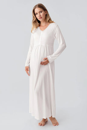 Lace Sleeve and Collar Maternity-Nursing Nightgown & Robe Set Ecru - 18402