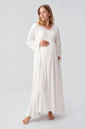 Lace Sleeve and Collar Maternity-Nursing Nightgown & Robe Set Ecru - 18402