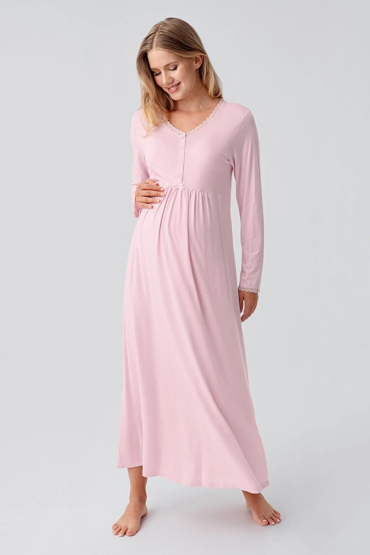 Lace Sleeve and Collar Maternity-Nursing Nightgown & Robe Set Powder - 18402