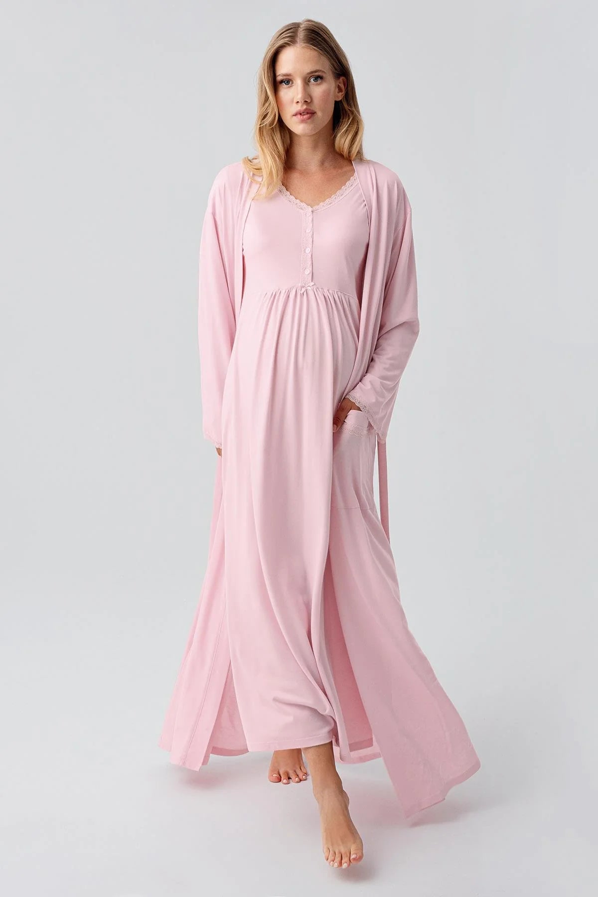 Lace Sleeve and Collar Maternity-Nursing Nightgown & Robe Set Powder - 18402