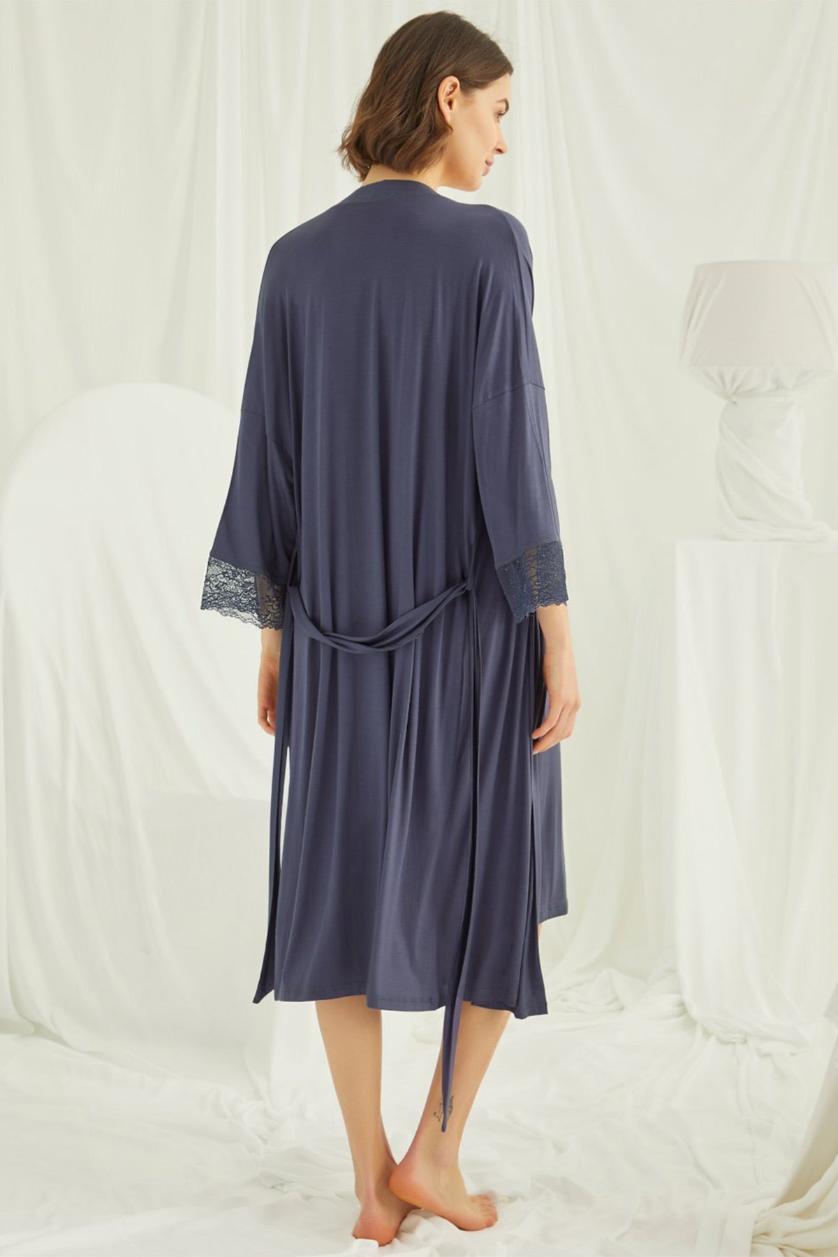 Lace Strappy Maternity-Nursing Nightgown Robe Set Navy Blue 18428