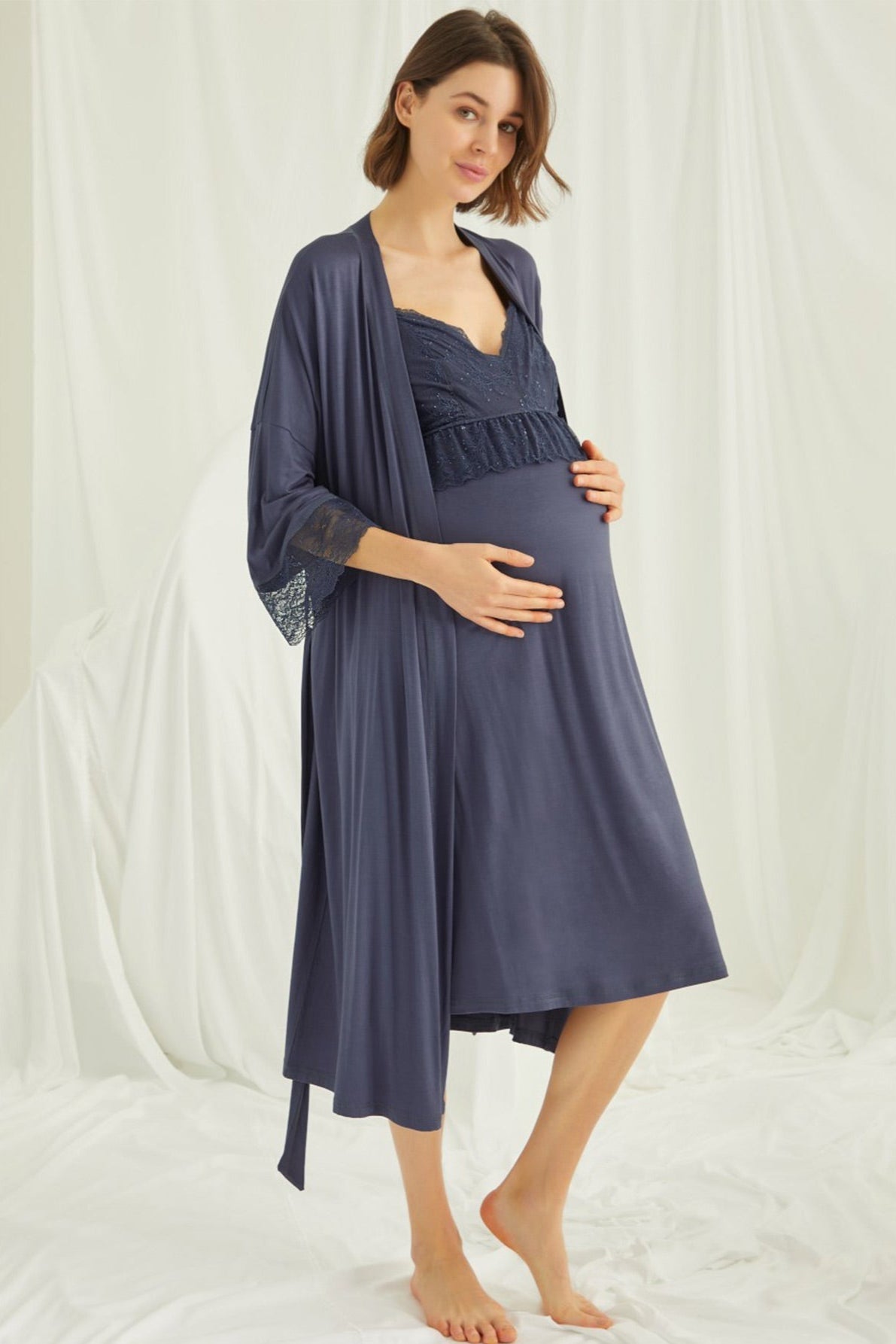 Lace Strappy Maternity-Nursing Nightgown & Robe Set Navy Blue - 18428