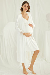 Lace Strappy Maternity-Nursing Nightgown & Robe Set Ecru - 18429
