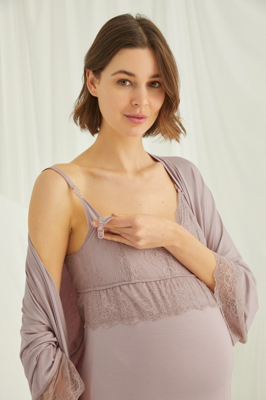 Lace Strappy Maternity Feeding-Friendly Nightgown & Robe Set Mink - E18430