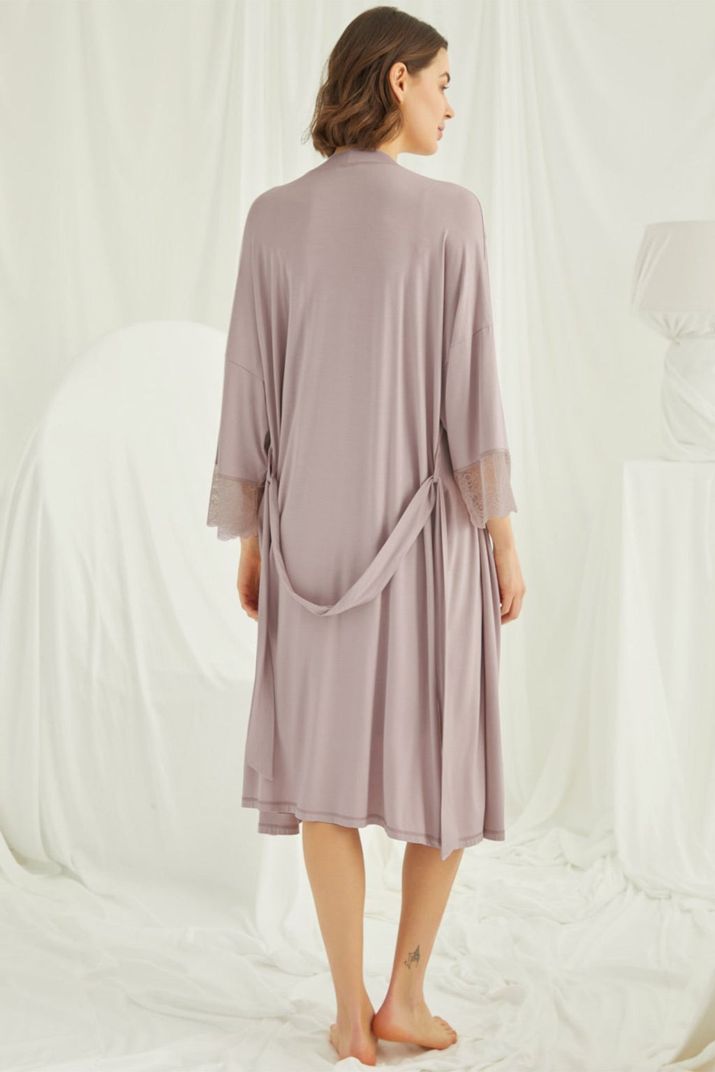 Lace Strappy Maternity Feeding-Friendly Nightgown & Robe Set Mink - E18430