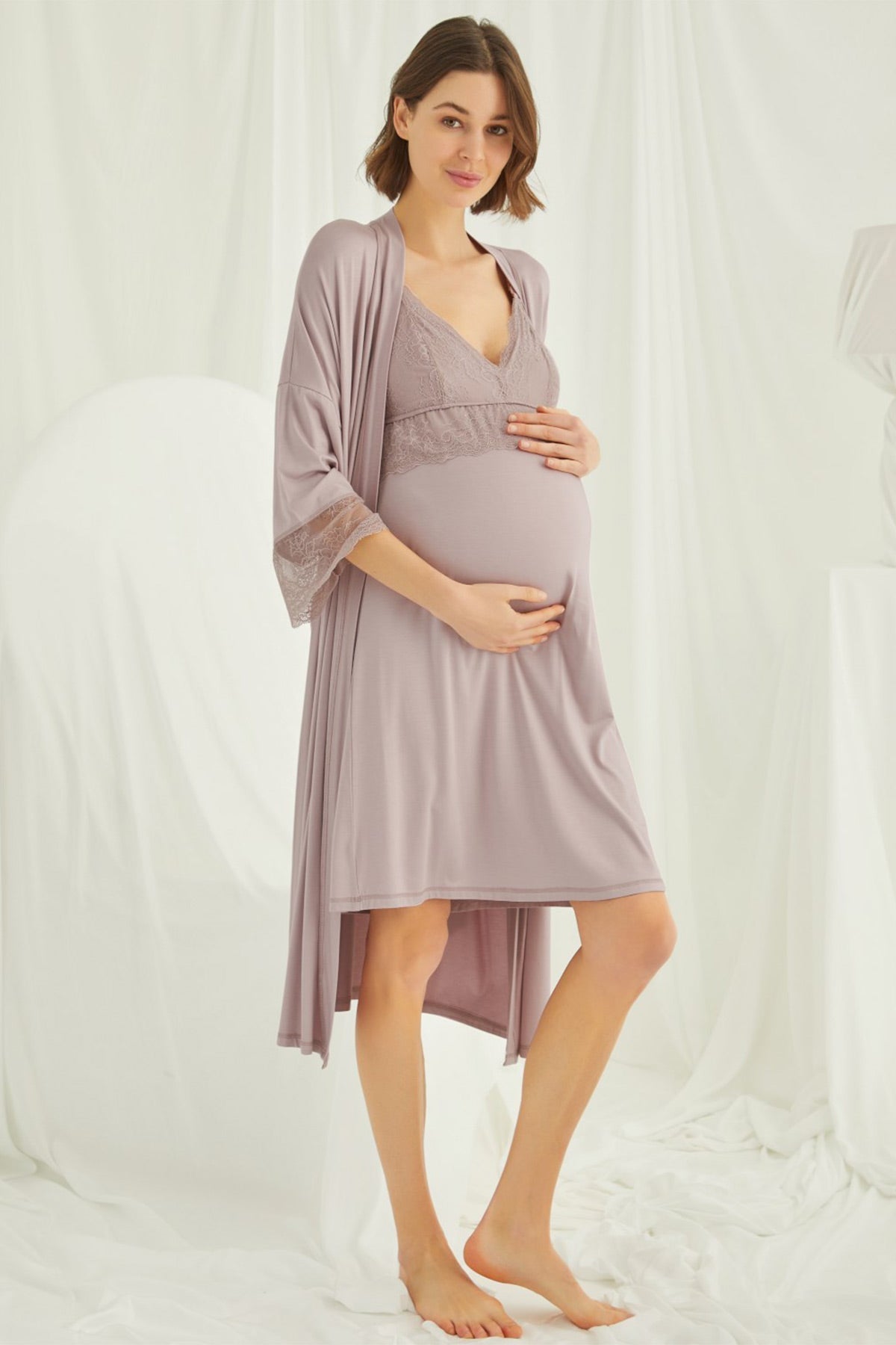 Lace Strappy Maternity Feeding-Friendly Nightgown & Robe Set Mink - E18430