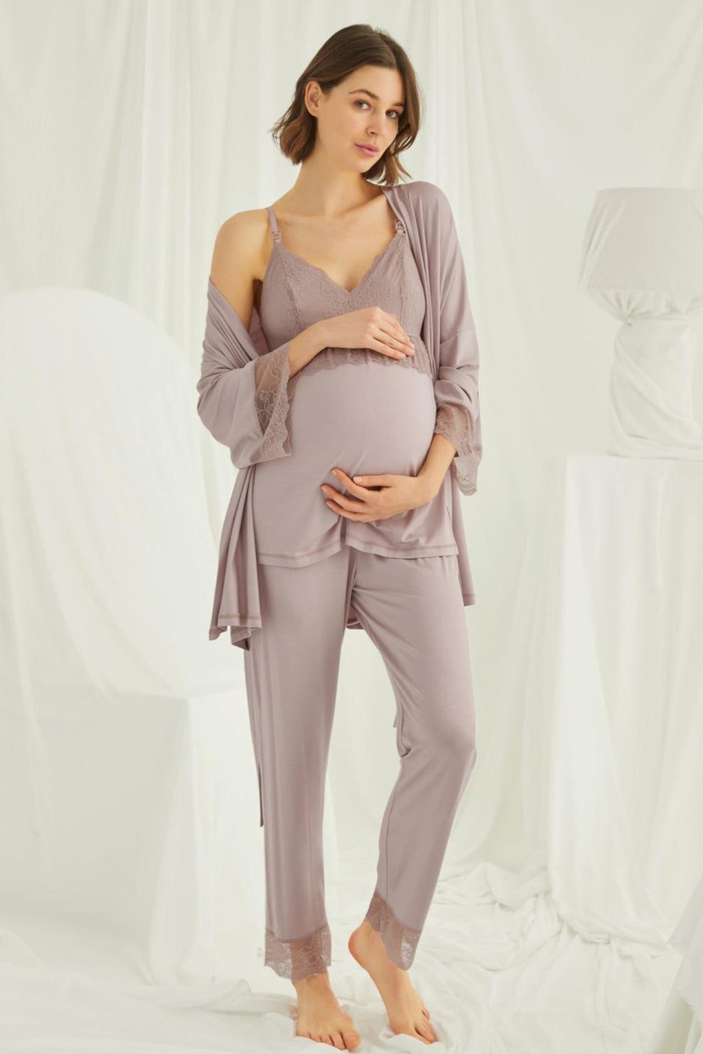 Lace Strappy 3-Piece Maternity Feeding-Friendly Pajama & Robe Set Mink - E18431