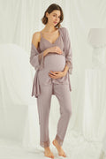 Lace Strappy 3-Piece Maternity Feeding-Friendly Pajama & Robe Set Mink - E18431
