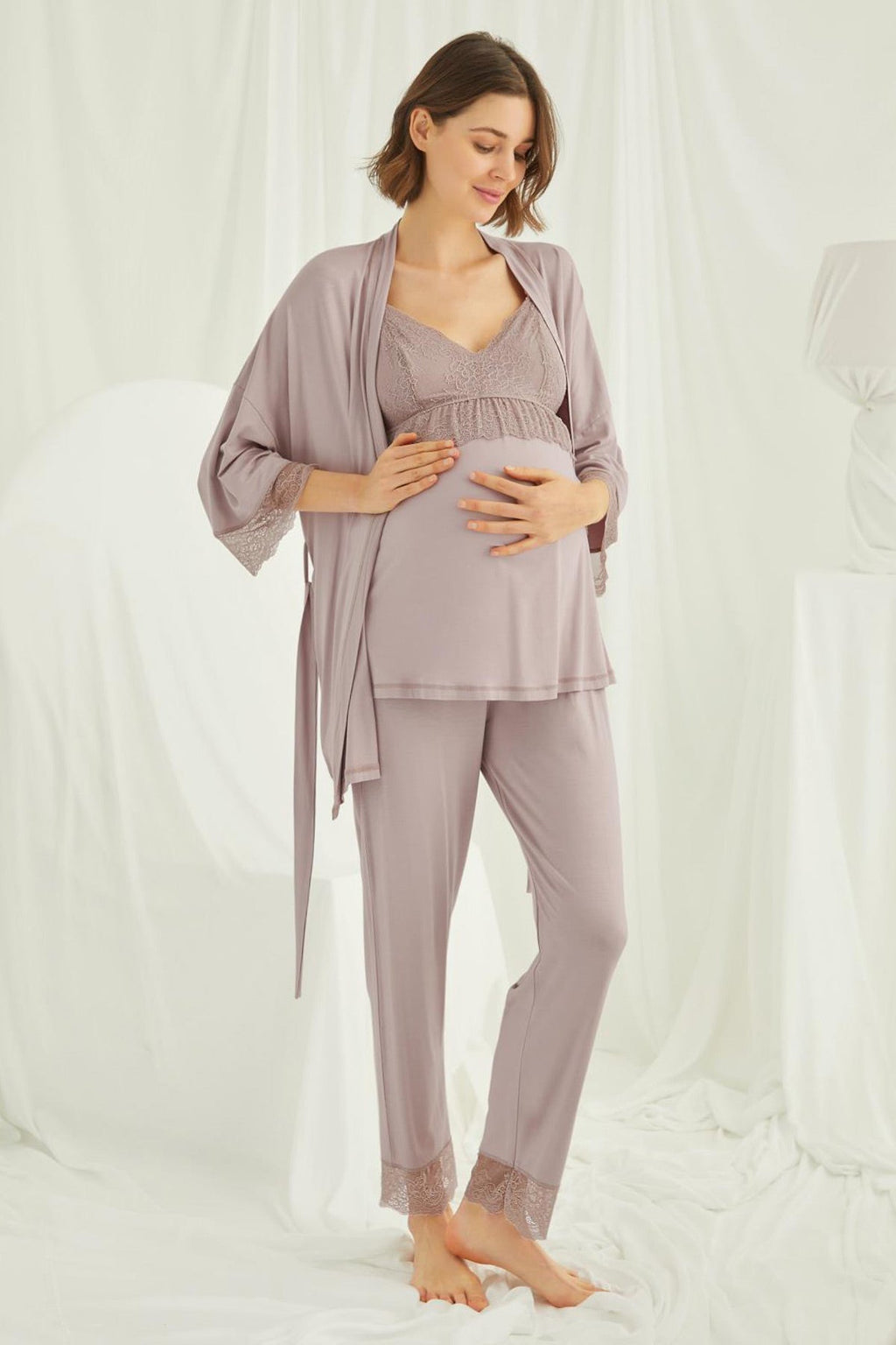 Lace Strappy 4-Piece Maternity-Nursing Set Mink - 431490