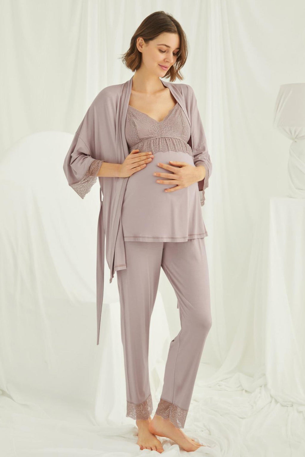 Lace Strappy 3-Piece Maternity Feeding-Friendly Pajama & Robe Set Mink - E18431