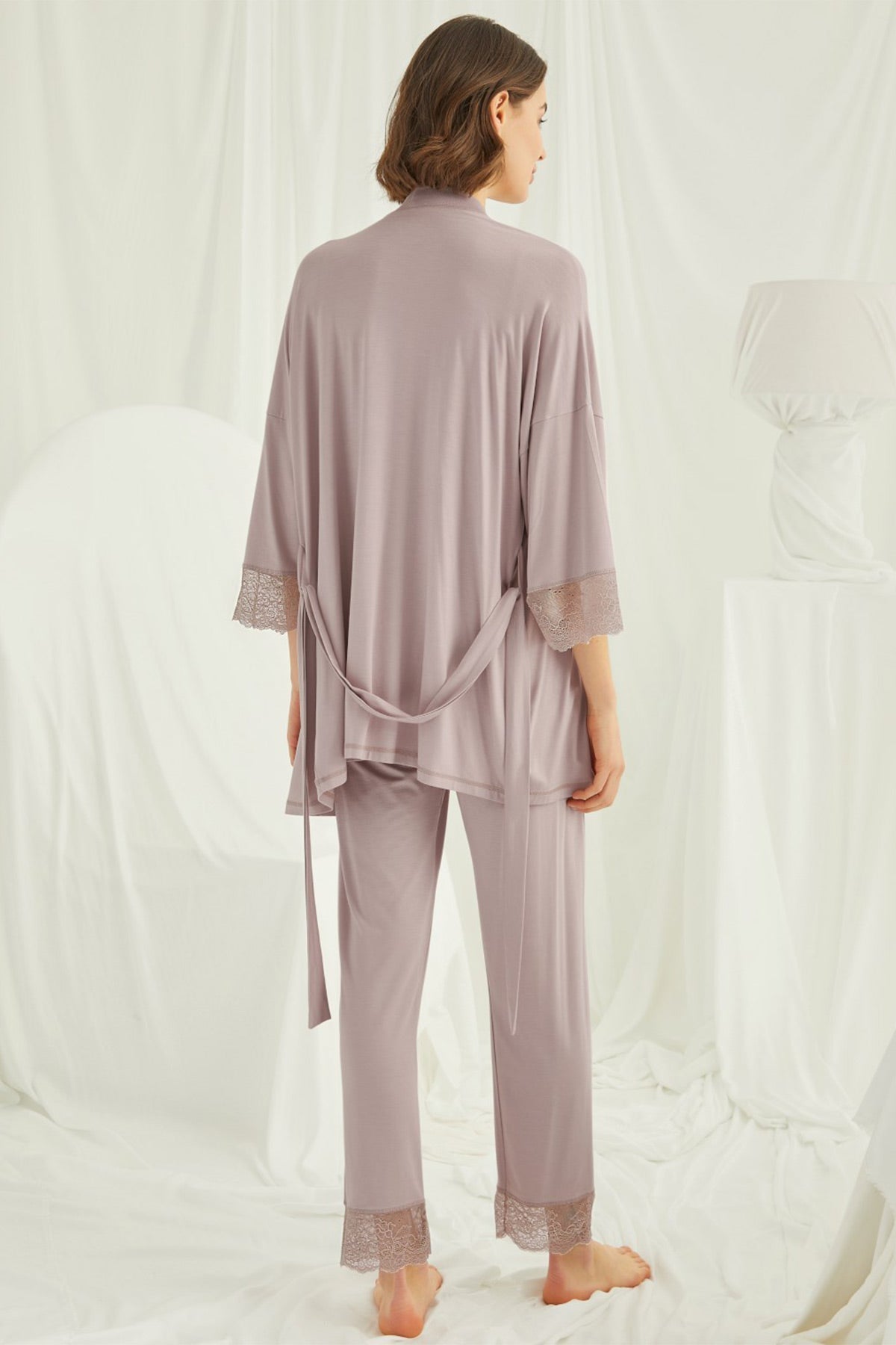 Lace Strappy 3-Piece Maternity Feeding-Friendly Pajama & Robe Set Mink - E18431