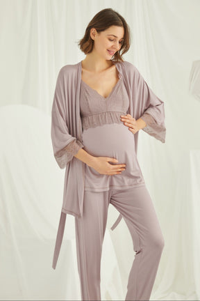 Lace Strappy 3-Piece Maternity-Nursing Pajama & Robe Set Mink - 18431