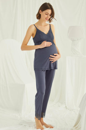 Lace Strappy 3-Piece Maternity-Nursing Pajama & Robe Set Navy Blue - 18432