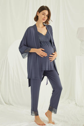 Lace Strappy 3-Piece Maternity-Nursing Pajama & Robe Set Navy Blue - 18432