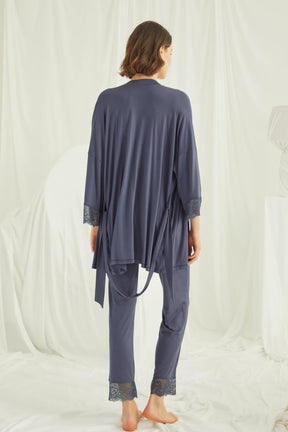 Lace Strappy 3-Piece Maternity-Nursing Pajama & Robe Set Navy Blue - 18432