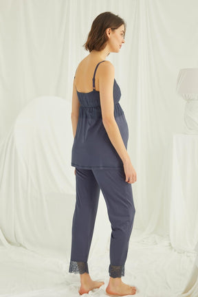 Lace Strappy 3-Piece Maternity-Nursing Pajama & Robe Set Navy Blue - 18432