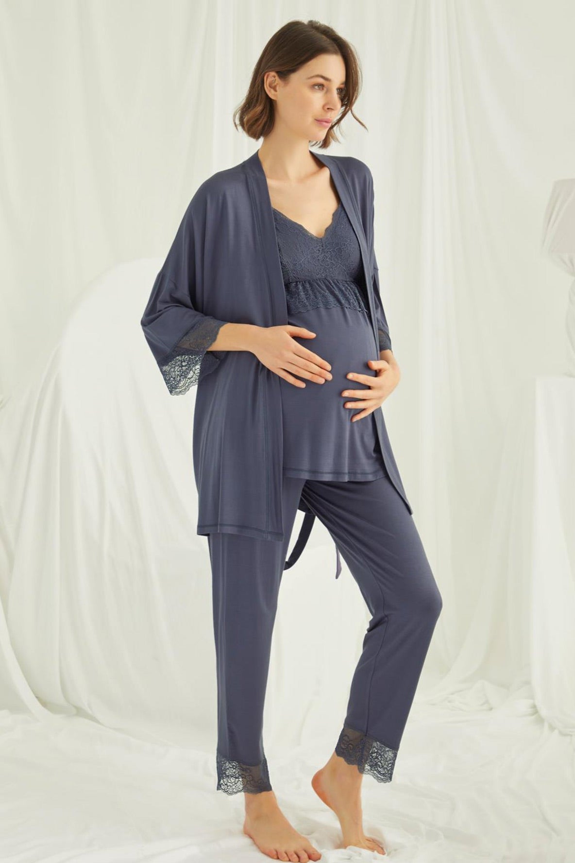Lace Strappy 3-Piece Maternity-Nursing Pajama & Robe Set Navy Blue - 18432