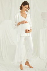 Lace Strappy 3-Piece Maternity-Nursing Pajama & Robe Set Ecru - 18433