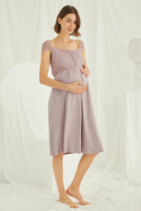 Lace Shoulder Maternity-Nursing Nightgown & Robe Set Mink - 18438