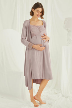 Lace Shoulder Maternity-Nursing Nightgown & Robe Set Mink - 18438