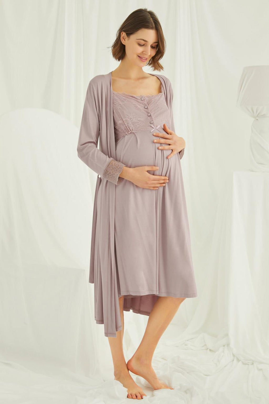 Lace Shoulder 4-Piece Maternity-Nursing Set Mink - 438440
