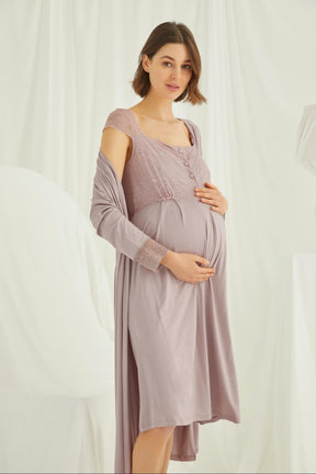Lace Shoulder Maternity-Nursing Nightgown & Robe Set Mink - 18438