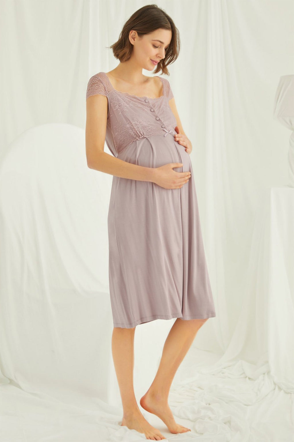 Lace Shoulder Maternity & Nursing Nightgown Mink - 18439