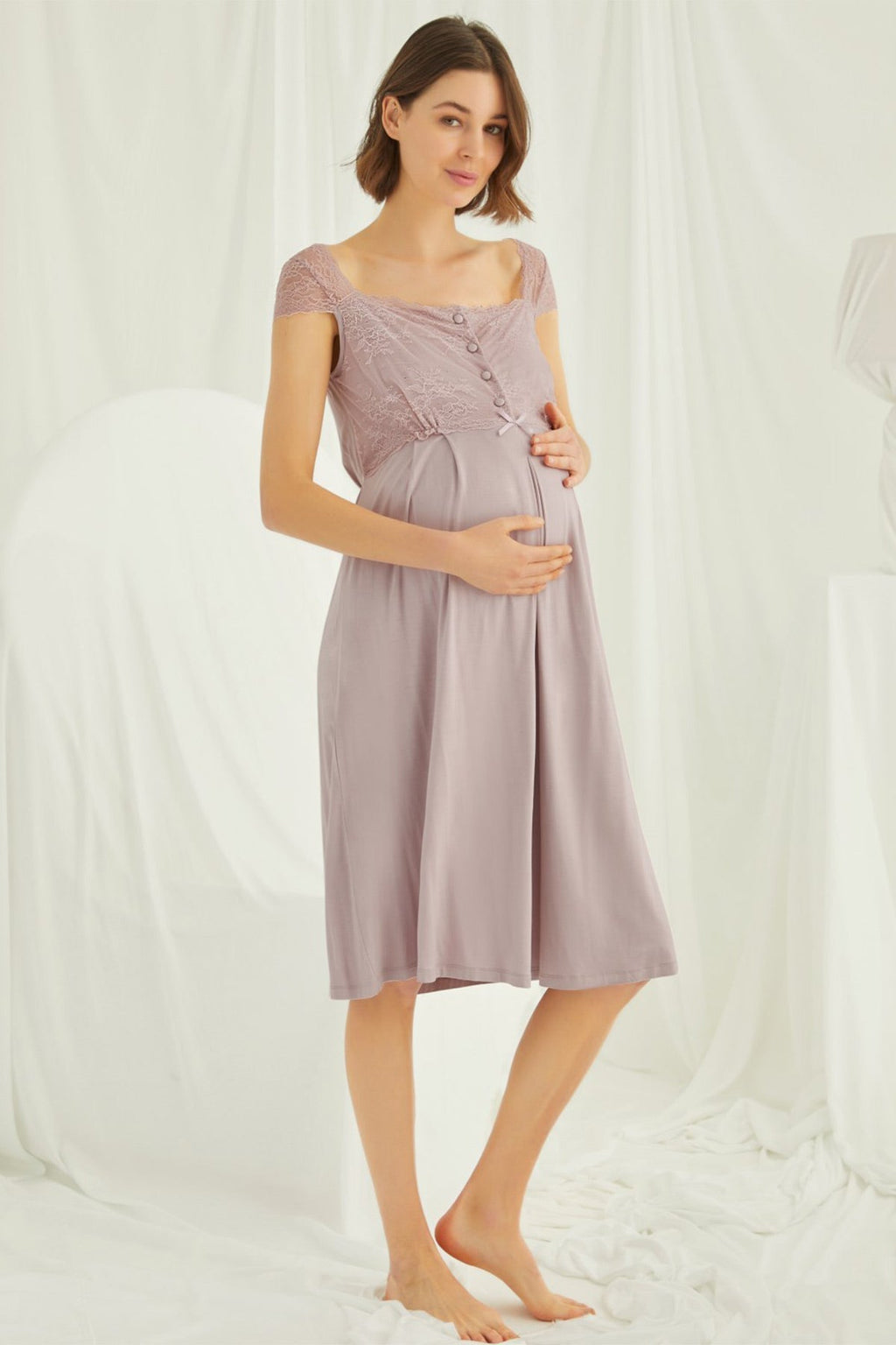 Lace Shoulder Maternity & Nursing Nightgown Mink - 18439