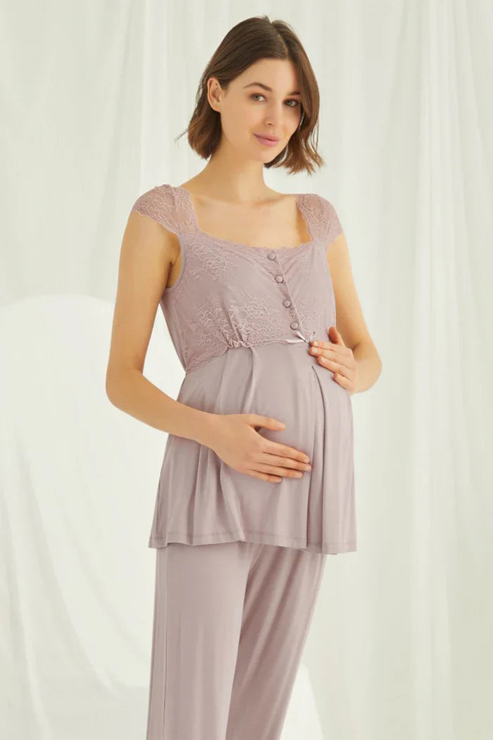 Lace Shoulder 4-Piece Maternity-Nursing Set Mink - 438440