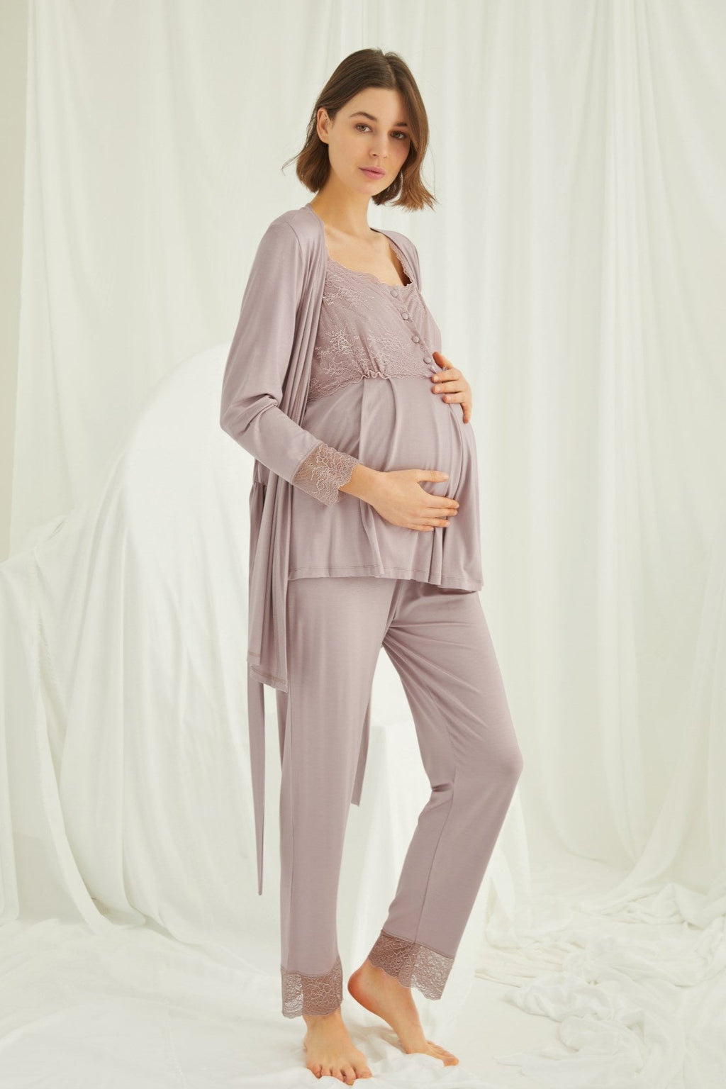 Lace Shoulder 3-Piece Maternity Feeding-Friendly Pajama & Robe Set Mink - E18441