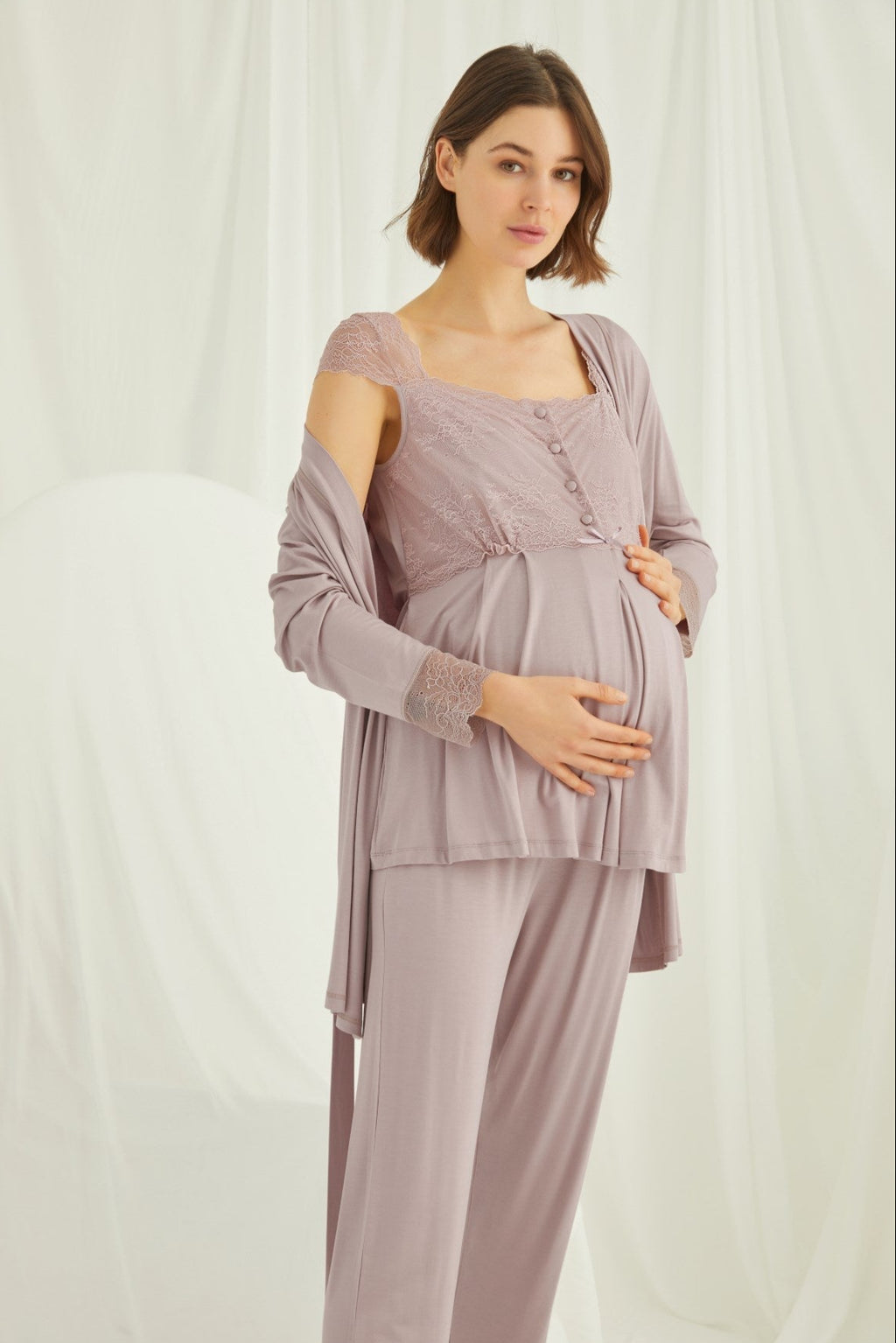 Lace Shoulder 3-Piece Maternity Feeding-Friendly Pajama & Robe Set Mink - E18441