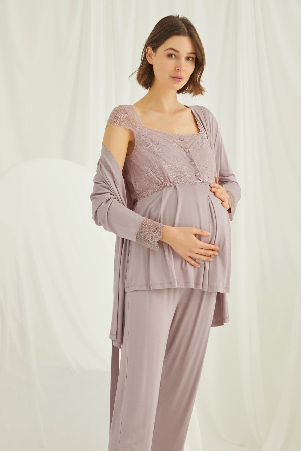 Lace Shoulder 3-Piece Maternity Feeding-Friendly Pajama & Robe Set Mink - E18441
