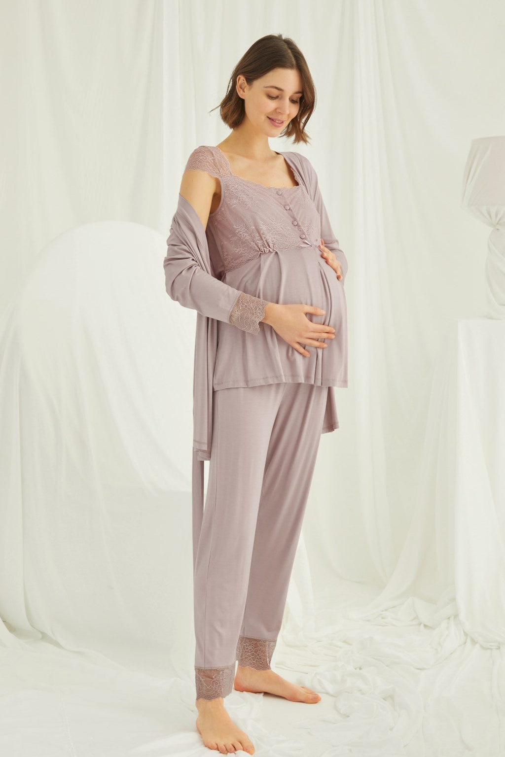 Lace Shoulder 3-Piece Maternity Feeding-Friendly Pajama & Robe Set Mink - E18441