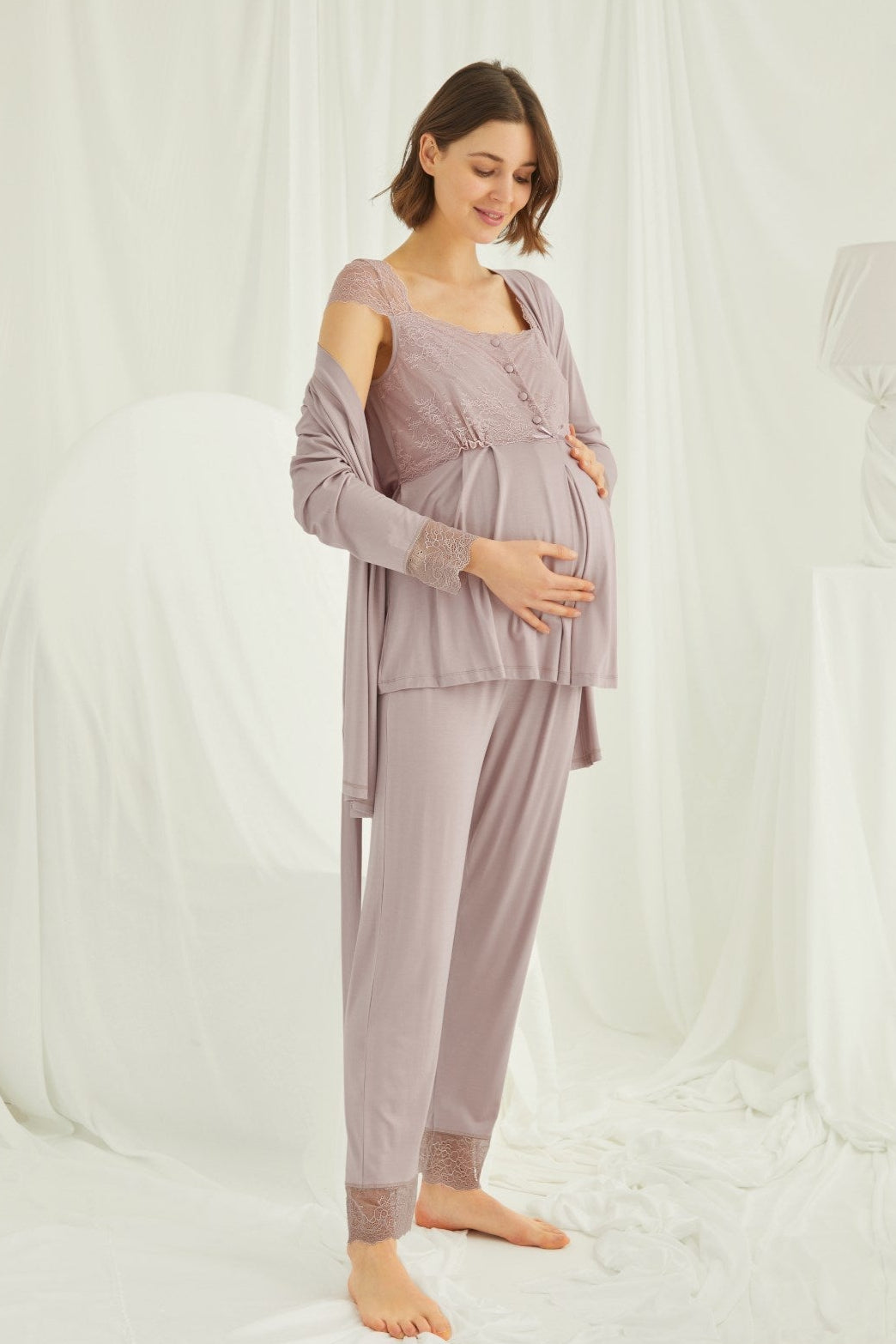 Lace Shoulder 3-Piece Maternity Feeding-Friendly Pajama & Robe Set Mink - E18441