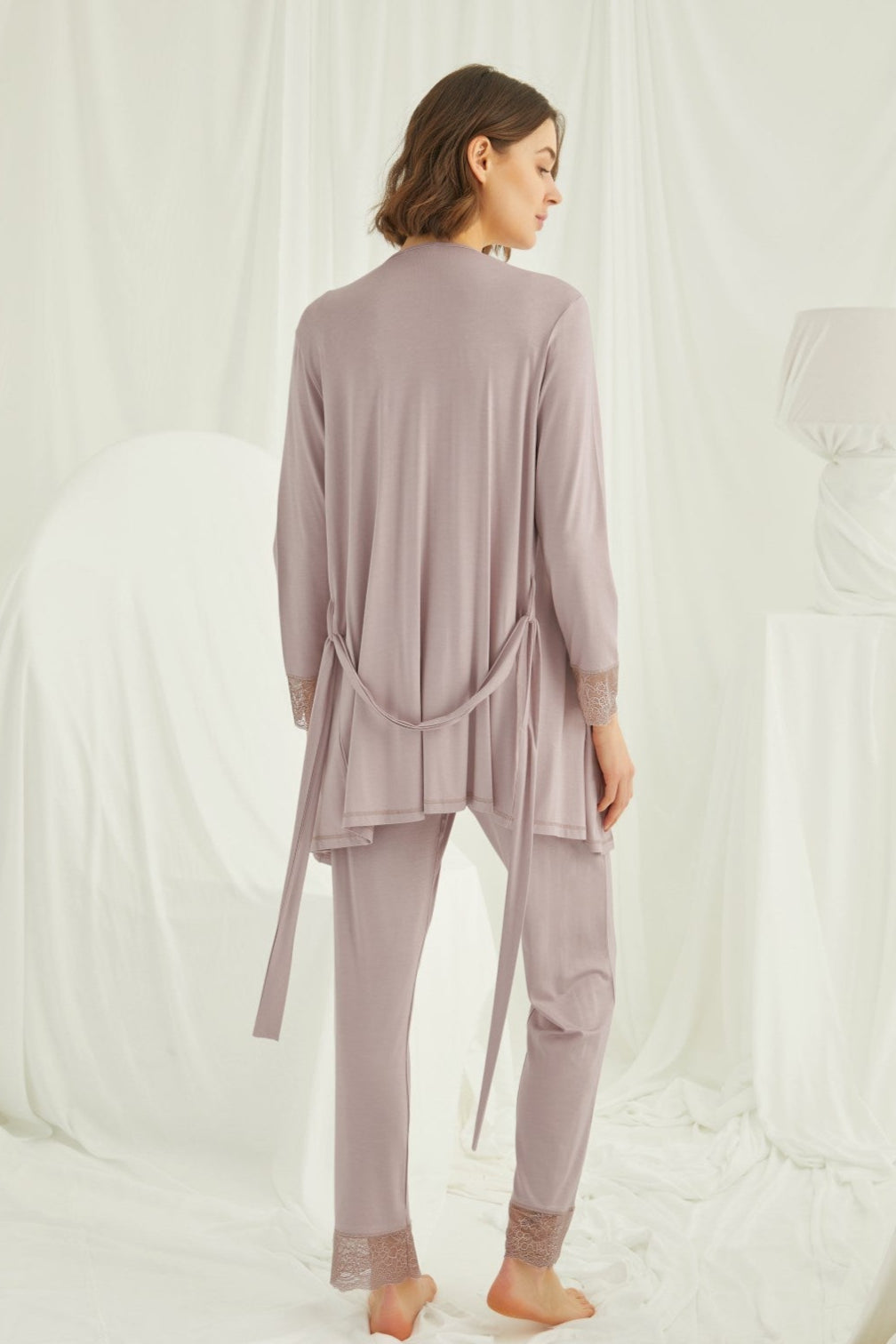 Lace Shoulder 3-Piece Maternity Feeding-Friendly Pajama & Robe Set Mink - E18441