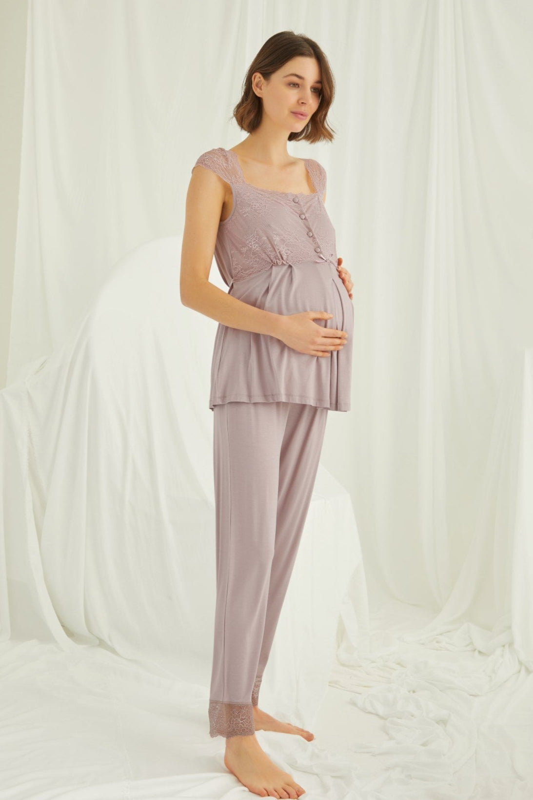 Lace Shoulder 3-Piece Maternity Feeding-Friendly Pajama & Robe Set Mink - E18441