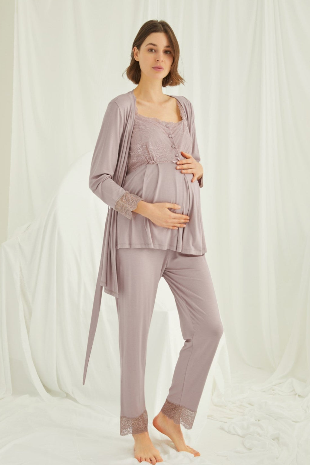 Lace Shoulder 3-Piece Maternity Feeding-Friendly Pajama & Robe Set Mink - E18441