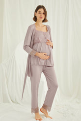 Lace Shoulder 3-Piece Maternity-Nursing Pajama & Robe Set Mink - 18441