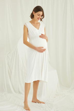 Lace V-Neck Maternity & Nursing Nightgown Ecru - 18450