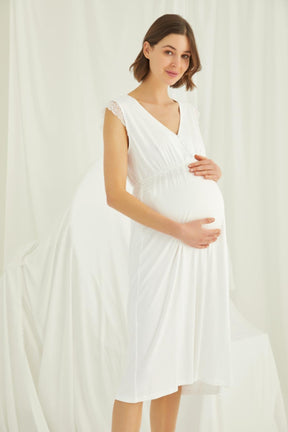 Lace V-Neck Maternity & Nursing Nightgown Ecru - 18450