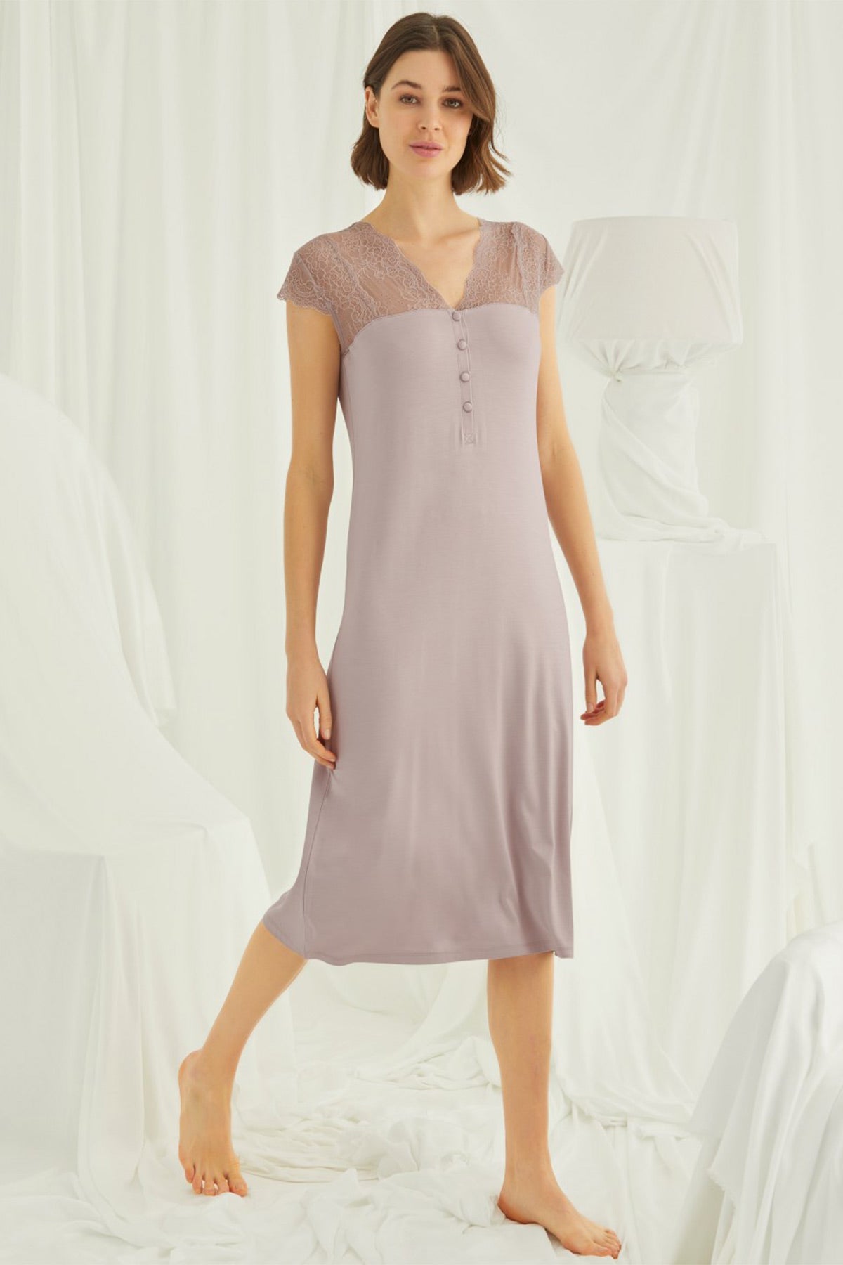 Lace V-Neck Plus Size Maternity & Nursing Nightgown Mink - 18456