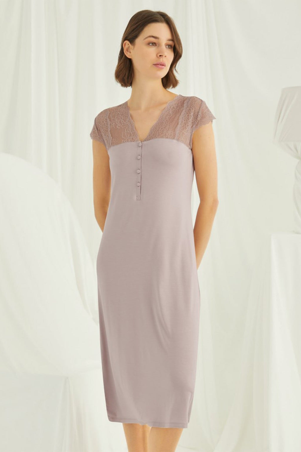 Lace V-Neck Plus Size Maternity & Nursing Nightgown Mink - 18456