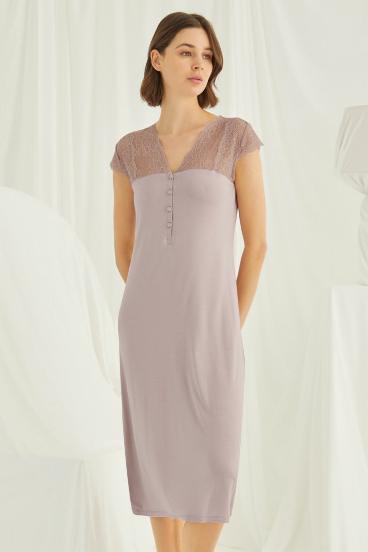 Lace V-Neck Plus Size Maternity & Nursing Nightgown Mink - 18456
