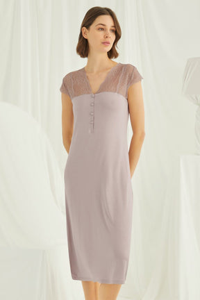 Lace V-Neck Plus Size Maternity & Nursing Nightgown Mink - 18456