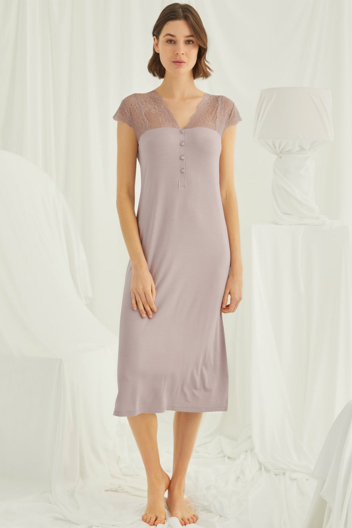 Lace V-Neck Plus Size Maternity & Nursing Nightgown Mink - 18456