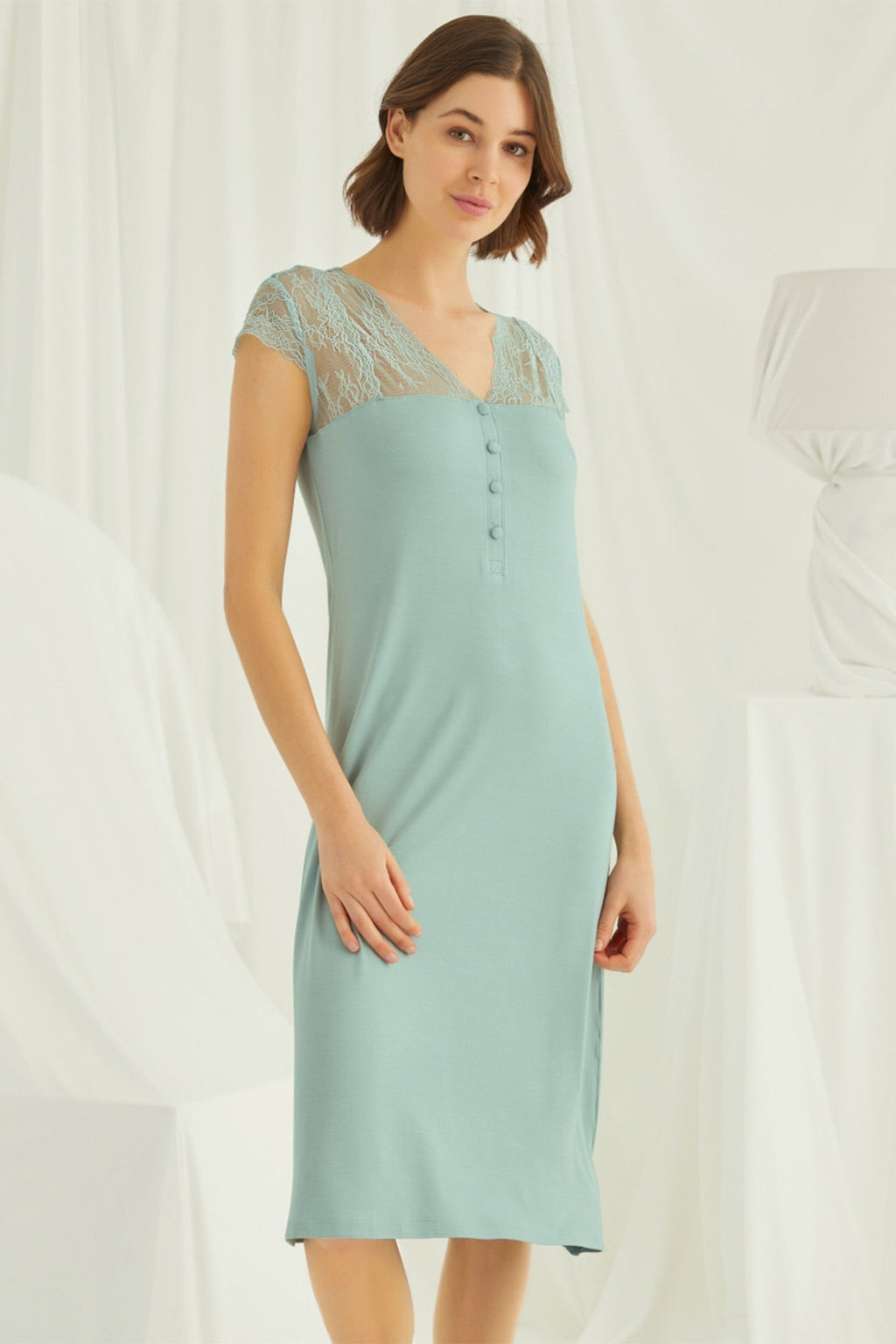 Lace V-Neck Long Maternity & Nursing Nightgown Green - 18463